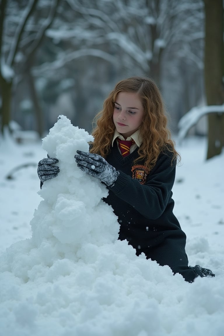 full body photo, Hermione Granger (Emma Watson, at the age of 12), black hogwarts school uniform, plays in the snow, building a very unique and impressive snow man BREAK cinematic lights, detailed eyes, detailed face, detailed hands