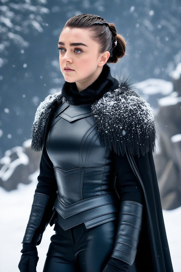 Maisie Williams stands tall in a winter wonderland setting, her long hair pulled back into a sleek bun. She wears a black leather armor set, with the open-ended cloak flowing behind her like a dark waterfall. A fur-lined collar adds warmth to her rugged ensemble as she gazes out into the snow-covered landscape.