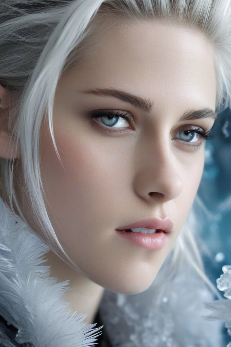 In this hyperrealistic close-up shot, Kristen Stewart's youthful face, with white hair and blue-gray hues, is mesmerizing as she draws herself on a heavily frosted mirror. Her finger etches intricate patterns into the thick layer of ice, creating a super impressive, marine-painting-like effect. The alternating lighting casts a dramatic contrast between the frosted and cleared areas, highlighting the crystalline ice formations, delicate feathers, and swirls that cover the mirror's surface. Visible ice crystals add to the frozen ambiance, while an ethereal glow emanates from light refracting through the ice, amplifying the magical quality of this surreal scene.