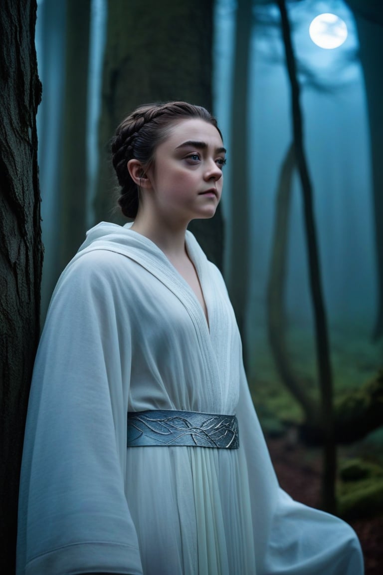 Moonlit woods, shrouded in an aura of mystique, set the stage for Maisie Williams's enigmatic portrayal. Dressed in flowing white robes that seem to blend with the ethereal mist, she stands as a beacon of luminescence amidst the whispers of ancient trees. Her eyes aglow like lanterns in the darkness, she reaches out to grasp the spectral form of a whispering spirit. Shards of broken moonlight dance across her face, casting an otherworldly glow that illuminates her beauty. The framing is tight, focusing on Maisie's contemplative pose as the mist swirls around her, creating a sense of intimacy and mystery.