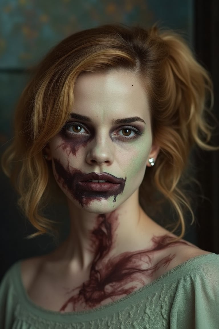 portrait, Emma Watson, shot hair, perfectly detailed and intricate zombie make-up