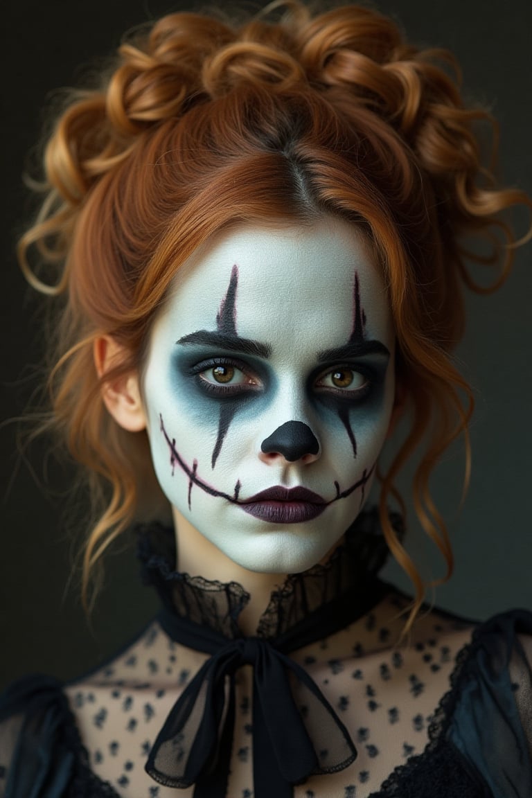 portrait, Emma Watson, shot hair, perfectly detailed and intricate Halloween make-up