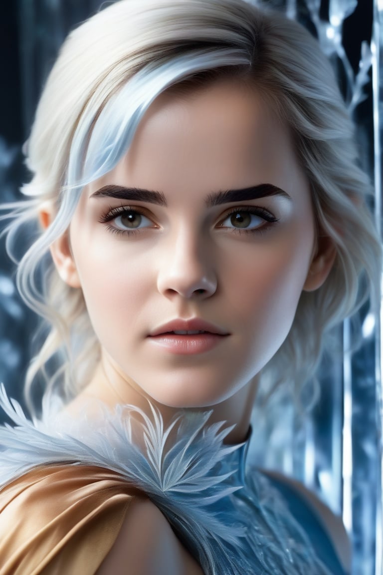 In this hyperrealistic half body shot, a youthful face (Emma Watson), with white hair and blue-gray hues, is mesmerizing as she draws herself on a heavily frosted mirror. Her finger etches intricate patterns into the thick layer of ice, creating a super impressive, marine-painting-like effect. The alternating lighting casts a dramatic contrast between the frosted and cleared areas, highlighting the crystalline ice formations, delicate feathers, and swirls that cover the mirror's surface. Visible ice crystals add to the frozen ambiance, while an ethereal glow emanates from light refracting through the ice, amplifying the magical quality of this surreal scene.