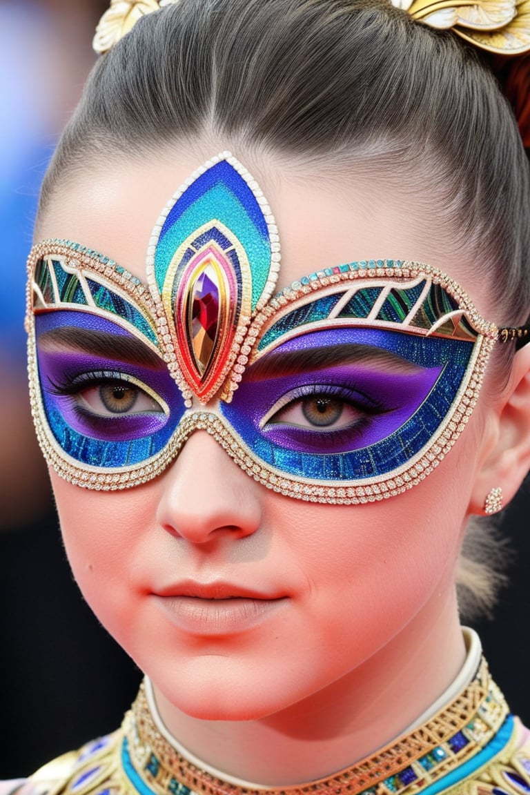 Close-up shot of Maisie Williams, a youthful and slender beauty, exuding a sporty yet elegant aura. She wears an intricately designed mask, adorned with delicate patterns and vibrant colors, as if straight from a carnival celebration. Her bright eyes sparkle beneath the ornate face covering, conveying a sense of playfulness and curiosity.