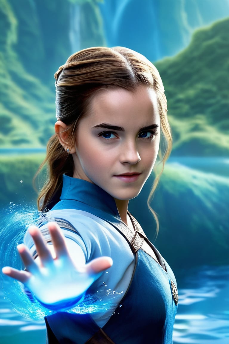 Emma Watson (14-yo,  blue eyes) as waterbender Katara,  controlling a blue glowing wave of water by waving her hands BREAK...