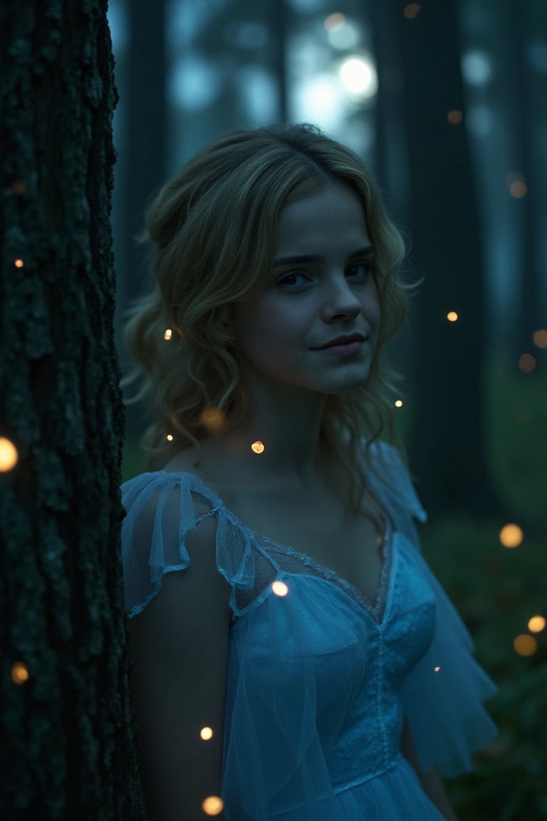 Hyper-realistic portrait of a mischievous looking, beautiful woman (Emma Watson) with a slight smile, peering out from behind a tree in the middle of a dense woods at night, wearing a fairy dress that gloes faintly blue, moonlight filtering through the trees above, surrounded by glowing fireflies, focus on her beautiful face and forlorn expression, detailed skin, ethereal atmosphere.