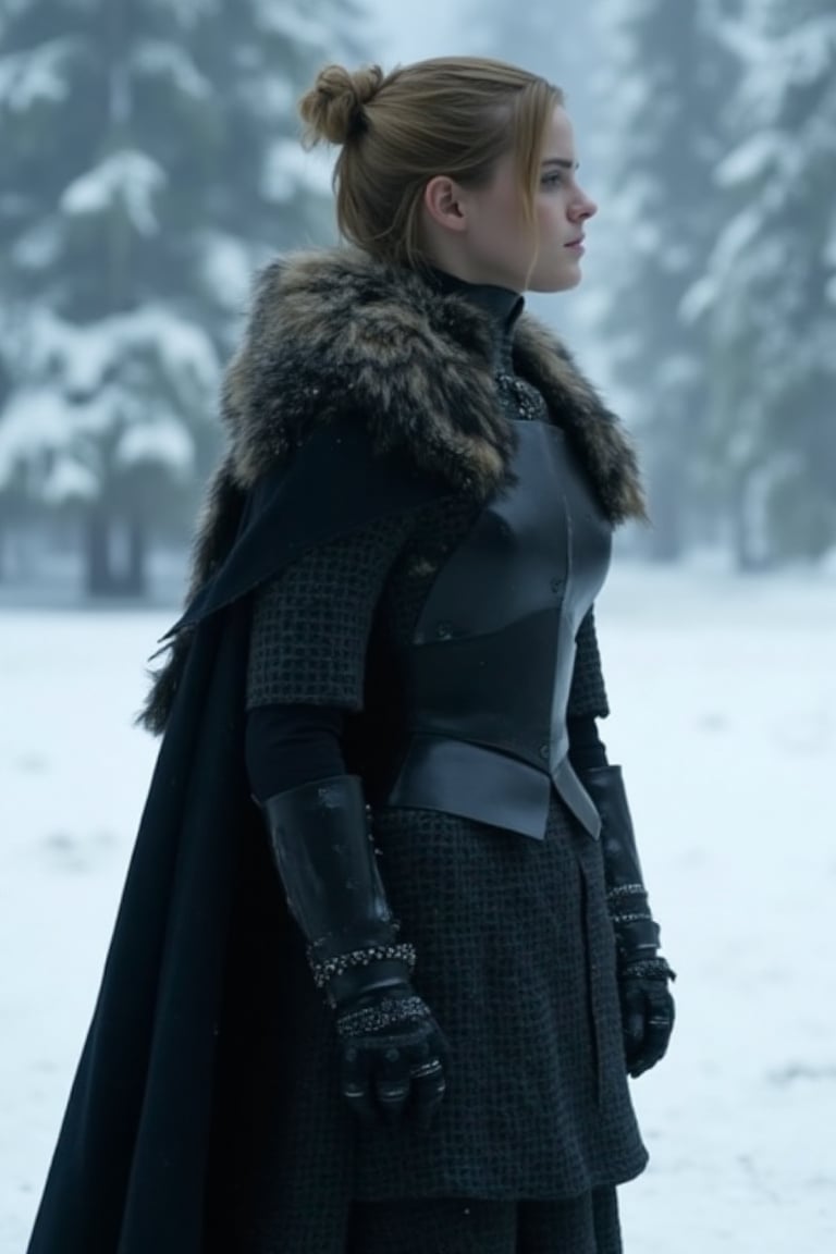 Emma Watson stands tall in a winter wonderland setting, her long hair pulled back into a sleek bun. She wears a black leather armor set, with the open-ended cloak flowing behind her like a dark waterfall. A fur-lined collar adds warmth to her rugged ensemble as she gazes out into the snow-covered landscape.