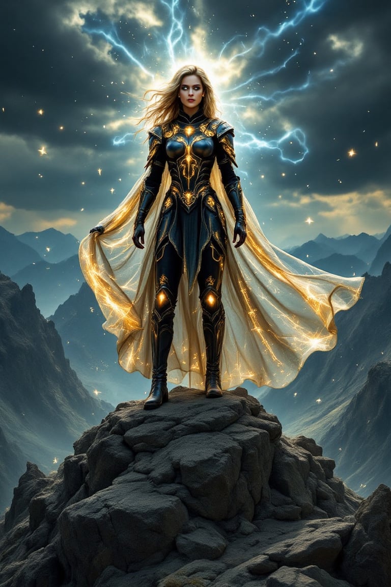 An awe-inspiring and powerful woman (Nicola Peltz) standing atop a rugged mountain peak with a vast,  majestic landscape s...