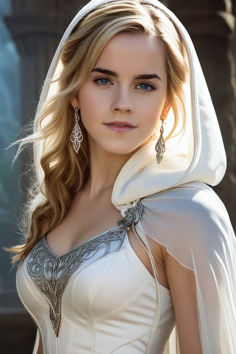 Mysterious Elf Maiden - A sultry pinup-inspired artwork depicts a striking blonde-elf woman (Emma Watson, at the age of 14) solo, indoors, with long hair cascading down her back, framing her enigmatic smile and piercing blue eyes that lock onto the viewer's gaze. She stands confidently in front of a dark, ornate backdrop, adorned in a flowing white dress with armor-like details, a hooded cape billowing behind her like mist. Her pointy ears and delicate earrings showcase her elven heritage. In one hand, she holds a staff, its intricate design glistening like the watermark on her circlet, adding mystique to this enchanting scene.