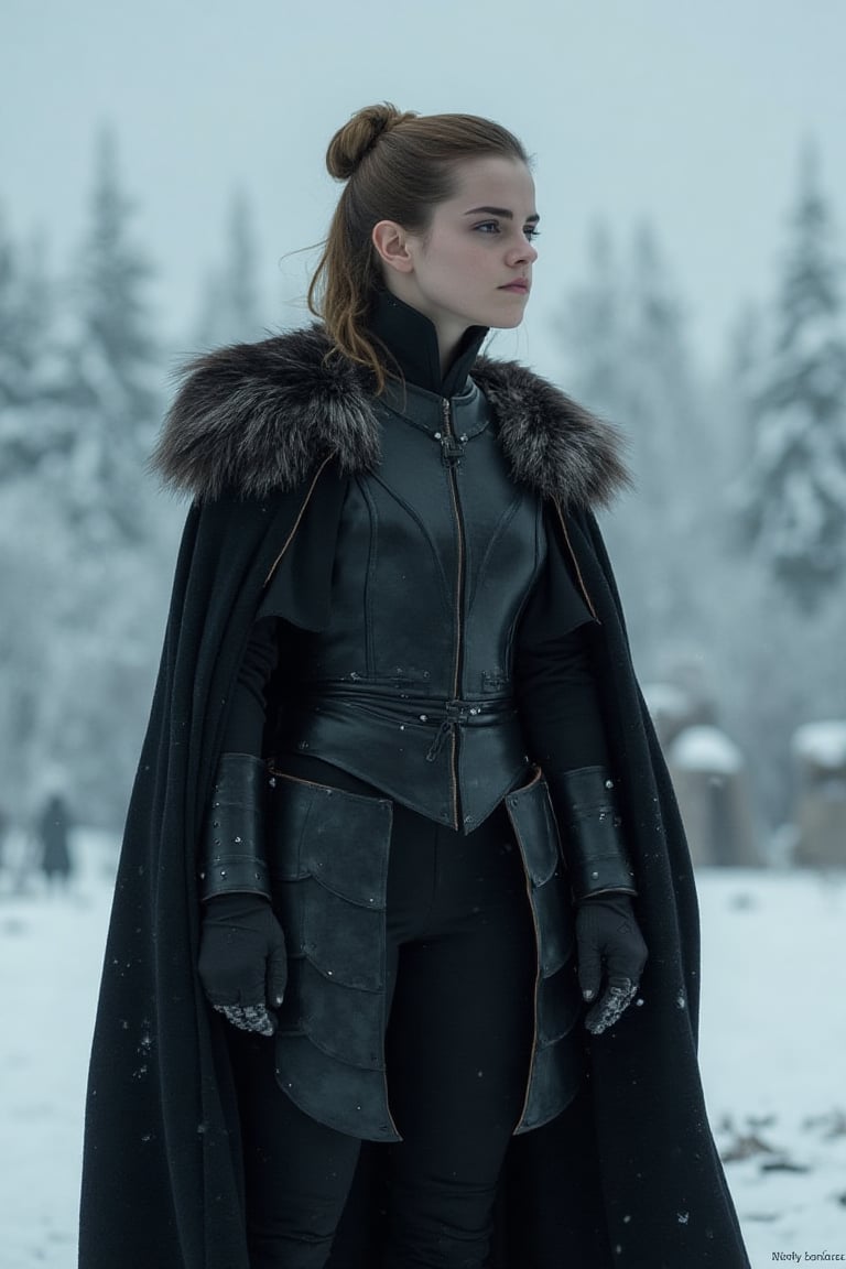 Emma Watson stands tall in a winter wonderland setting, her long hair pulled back into a sleek bun. She wears a black leather armor set, with the open-ended cloak flowing behind her like a dark waterfall. A fur-lined collar adds warmth to her rugged ensemble as she gazes out into the snow-covered landscape.