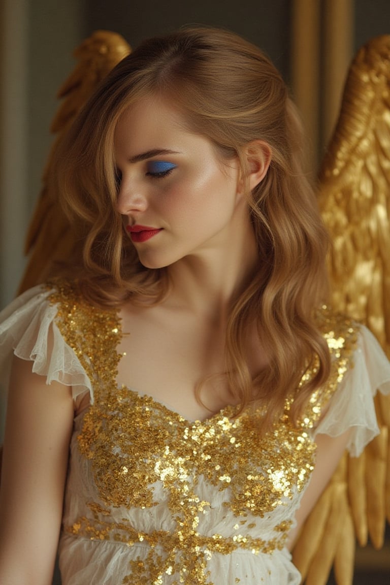 Emma Watson, pale skin, dressed up as female angle, golden glitter on her whole skin, golden wings, red lips, blue eyeshadow