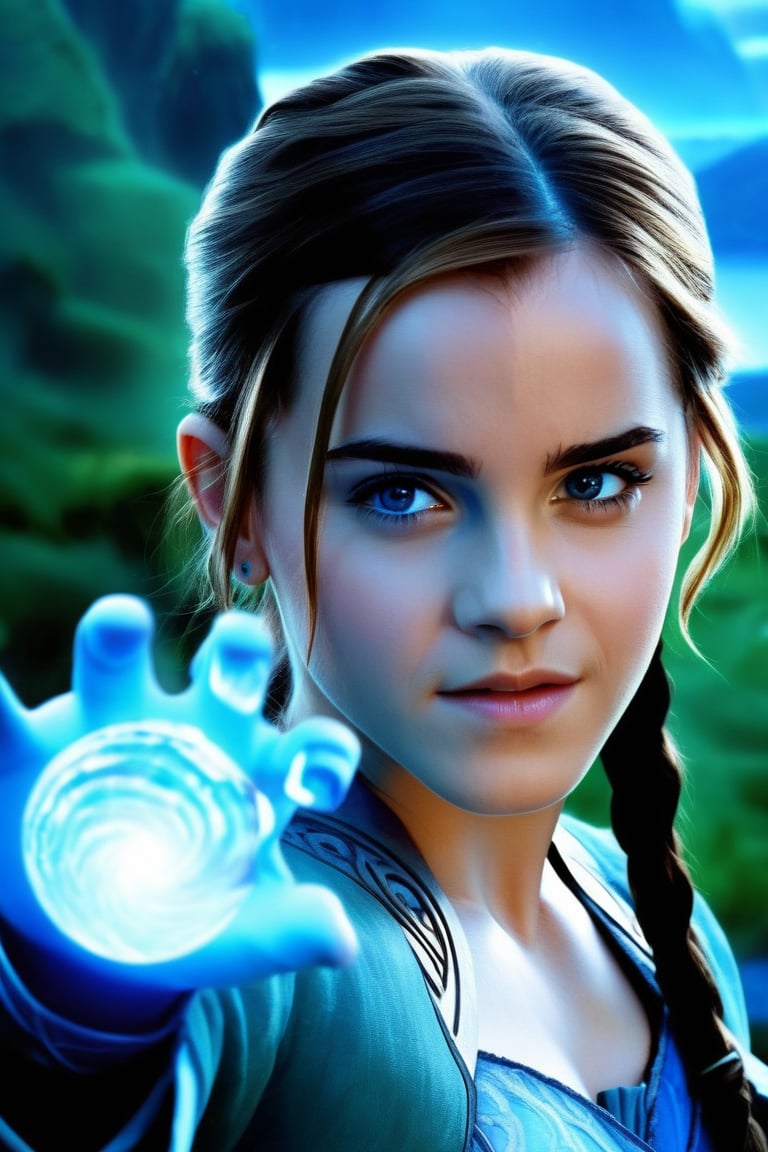 Emma Watson (14-yo,  blue eyes) as waterbender Katara,  a blue glowing water wave circles around and above her by Jennifer...
