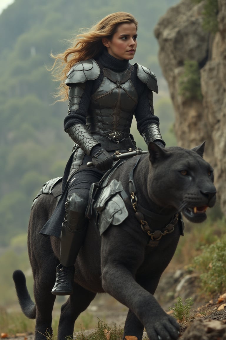 Emma Watson with elegant hair, wears clad lether armor while riding a mechanical, armored panther, futuristic theme