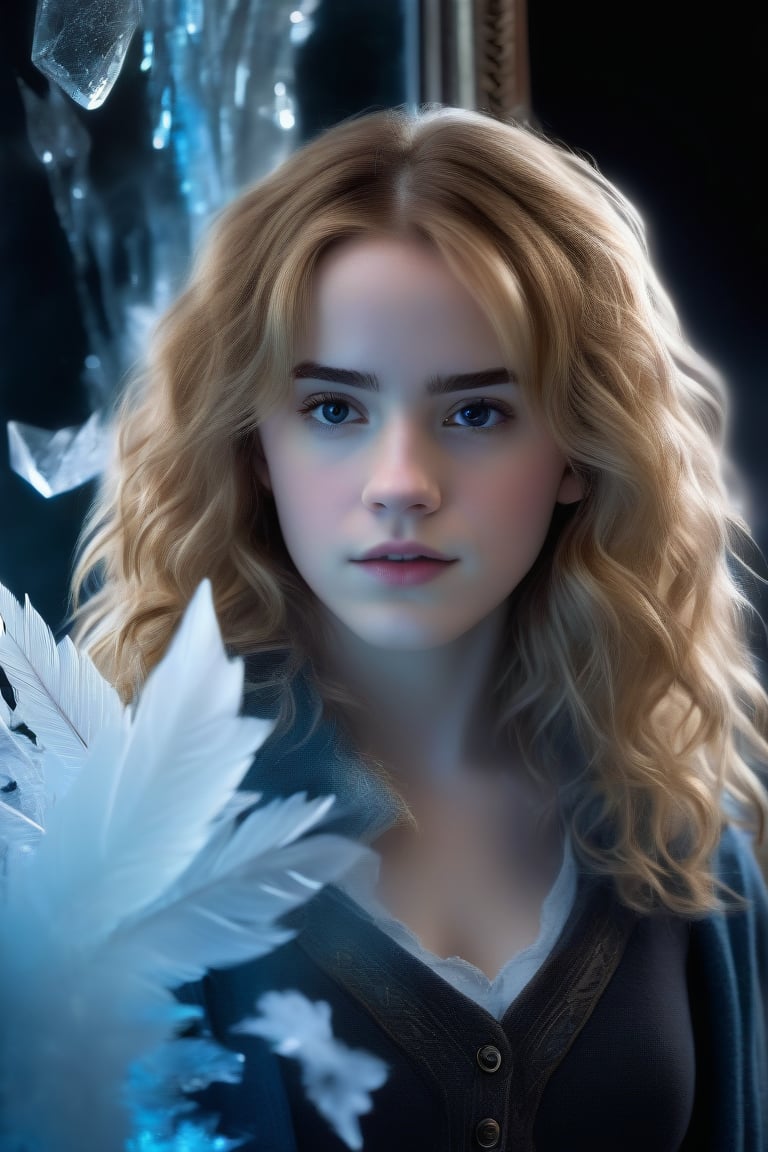 In this hyperrealistic half body shot, a youthful face (Hermione Granger), with white hair and blue-gray hues, is mesmerizing as she draws herself on a heavily frosted mirror. Her finger etches intricate patterns into the thick layer of ice, creating a super impressive, marine-painting-like effect. The alternating lighting casts a dramatic contrast between the frosted and cleared areas, highlighting the crystalline ice formations, delicate feathers, and swirls that cover the mirror's surface. Visible ice crystals add to the frozen ambiance, while an ethereal glow emanates from light refracting through the ice, amplifying the magical quality of this surreal scene.