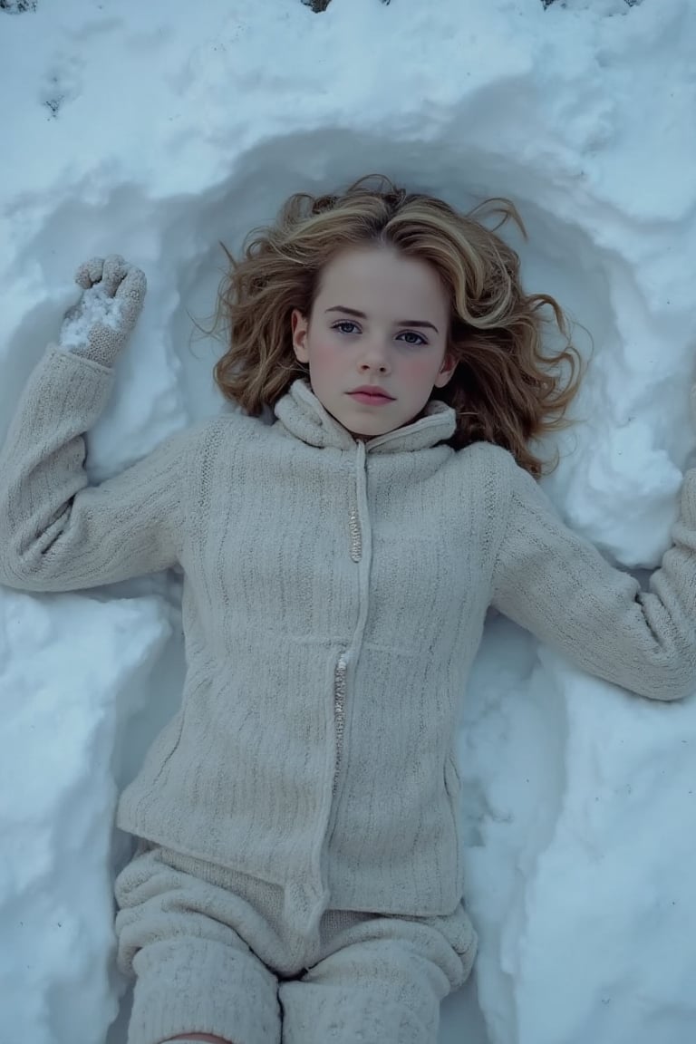 full body photo, Emma Watson (14 years old), lies in the snow, lies on her back, making a snow angel
BREAK
cinematic lights, professional full facial cosplay make-up, detailed eyes, detailed face, detailed hands