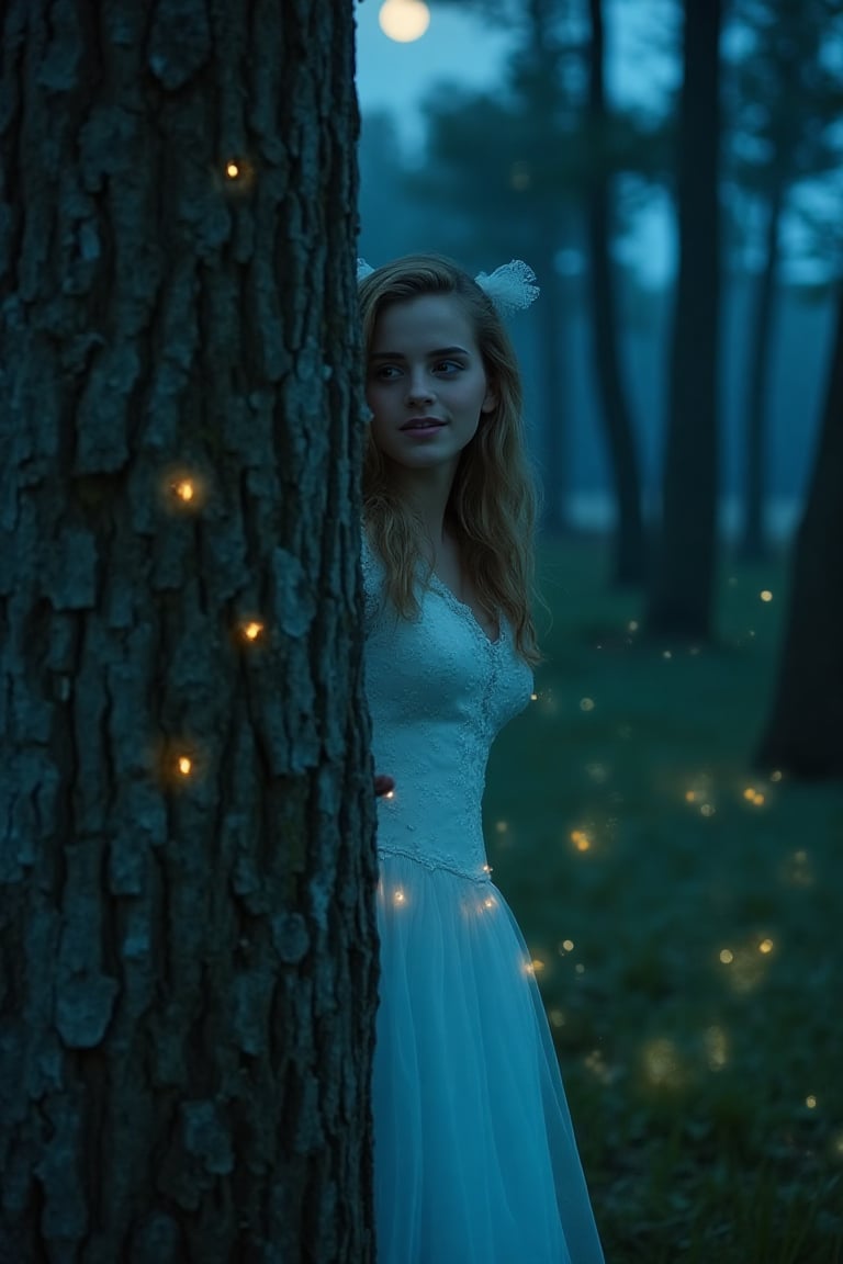 Hyper-realistic portrait of a mischievous looking, beautiful woman (Emma Watson) with a slight smile, peering out from behind a tree in the middle of a dense woods at night, wearing a fairy dress that gloes faintly blue, moonlight filtering through the trees above, surrounded by glowing fireflies, focus on her beautiful face and forlorn expression, detailed skin, ethereal atmosphere.