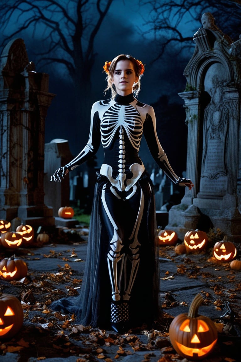 Emma Watson dressed in elaborate skeleton costume, standing at midnight amidst crumbling tombstones and eerie jack-o'-lanterns scattered across the dimly lit graveyard. Her bones are painted with intricate makeup, adding to the spooky ambiance as she strikes a pose, surrounded by an autumnal backdrop of twisted vines and weathered stone.