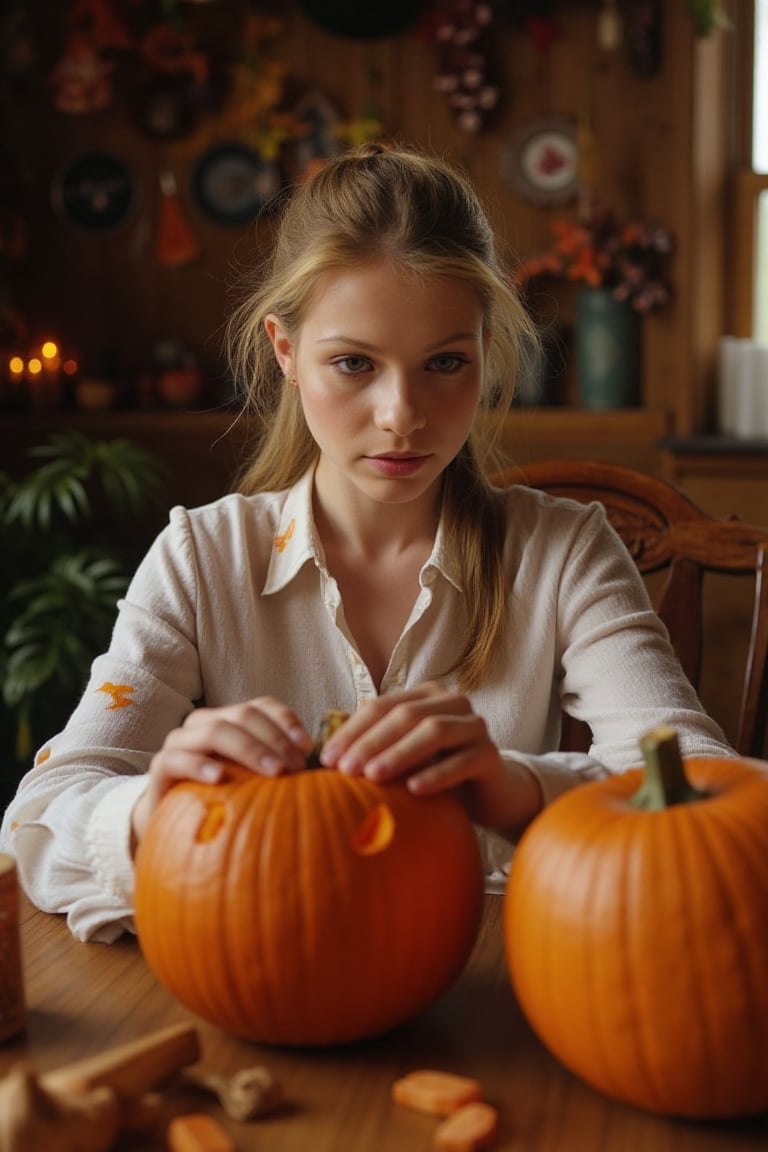 Michelle Trachtenberg sits at a rustic wooden kitchen table, surrounded by autumnal decorations. She's carving a Halloween pumpkin with a warm, golden light illuminating her features. Her long, blonde hair is tied back in a ponytail, and a few strands have escaped to frame her face. A smudge of pumpkin pulp adorns her white blouse, evidence of her creative endeavor. The atmosphere is cozy, blending spooky and playful notes, inviting the viewer into this autumnal scene.