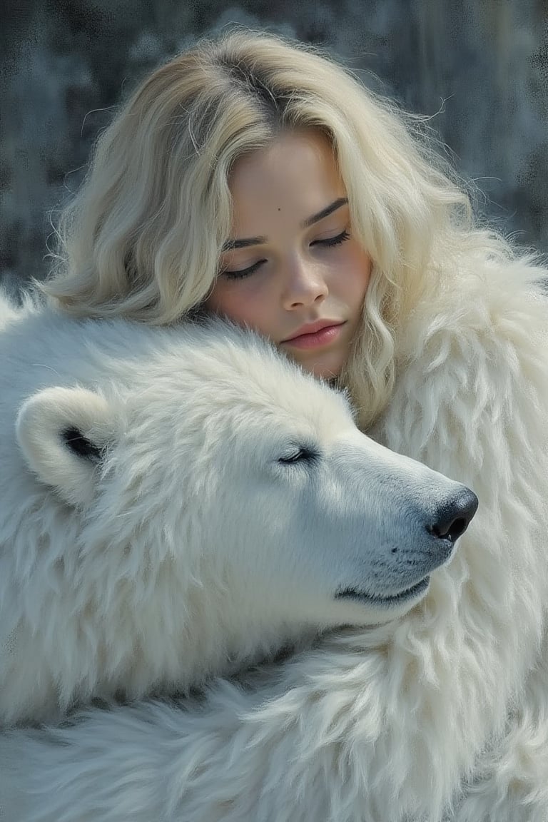 Impressionist painting, closeup of a young woman (Emma Watson) with white long hair hugging her huge fluffy white ice bear, closed eyes, contrast between love and distance, aesthetic bokeh dark gray background. Loose brushwork, play of light and shadow,  masterpiece, award winning,