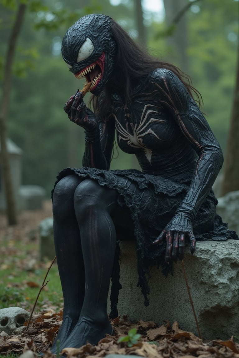 a female Venom, merged with young Michelle Trachtenberg. Her body is transformed already, the face has started to transform but she's still remarkable. She's sitting on top of a tombstone on a cementry. On the ground you can see some skeletons and bones while she's eating a bone with a creepy smile