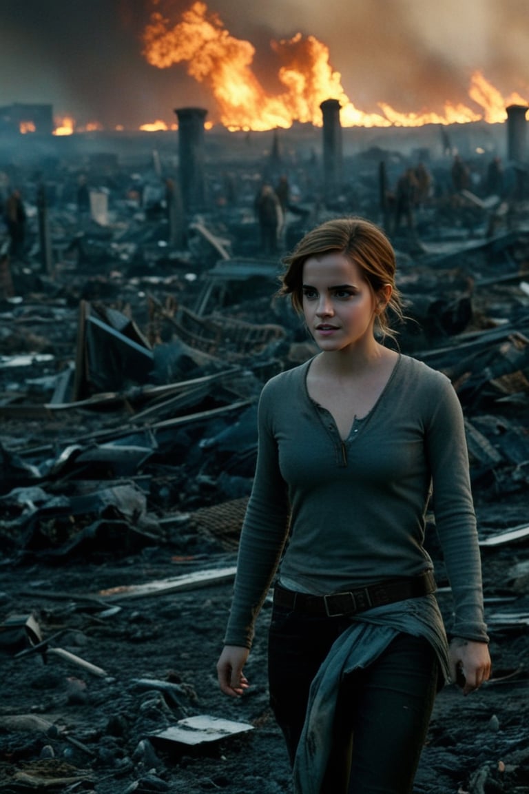 Armageddon's desolate landscape unfolds as Emma Watson, now a zombie, lies amidst a sea of lifeless bodies. The shot frames her grimacing face, lit by the faint glow of a distant fire, surrounded by a sprawl of corpses. Her once-beautiful features are now distorted, a testament to the apocalypse that has ravaged the world. In the background, the skeletal remains of buildings stretch towards the darkened sky, as if reaching for a sense of hope that is long lost.