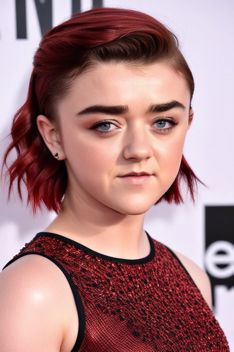 Maisie Williams, red hair, sporty dress, detailed face, detailed eyes