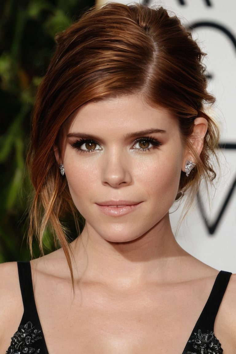 Create a hyper realistic upper body photo, 1girl, Kate Mara, young, at the age of 14, masterpiece, best quality, 1girl, intricate design, detailed face, detailed eyes, perfect make-up, cinematic lights, dim lights,