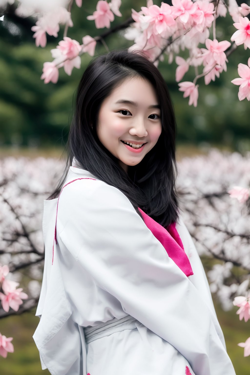 A stunning young Korean girl stands confidently in a serene UHD landscape, her beauty radiating from within. In an 8K frame, she proudly showcases her upper body, adorned in a crisp black school uniform, against the vibrant backdrop of a sakura tree in full bloom. Her bright smile and captivating eyes, framed by luscious black hair, invite the viewer to step into this breathtaking scene. 