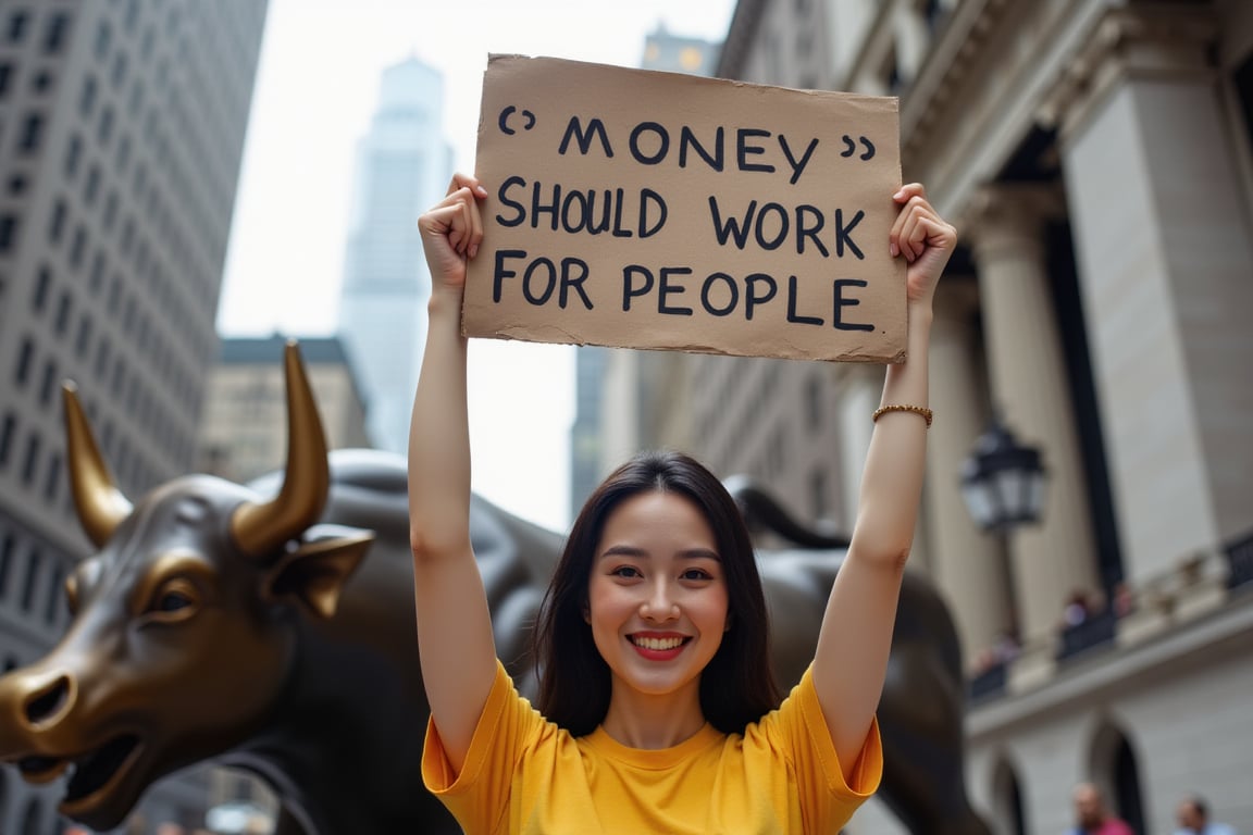 A woman with long black hair, wears yellow t-shirt, stands in the Wallstreet, in front of stock exchance, the bronze statue of the bull in the background, 

holds a sign which says:"MONEY SHOULD WORK FOR PEOPLE" high and above head, smiling happily
