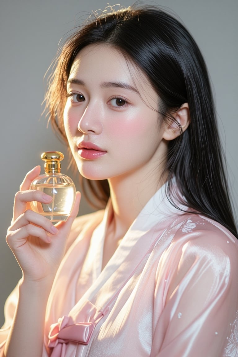 [Professional studio portrait photograph of] A beautiful Asian woman with flawless fair skin in a gentle close-up,  holdin...