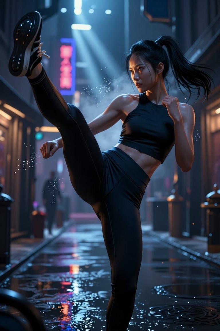 [Masterpiece fantasy digital illustration of] A cinematic female portrait photography featuring a fierce young woman in a...