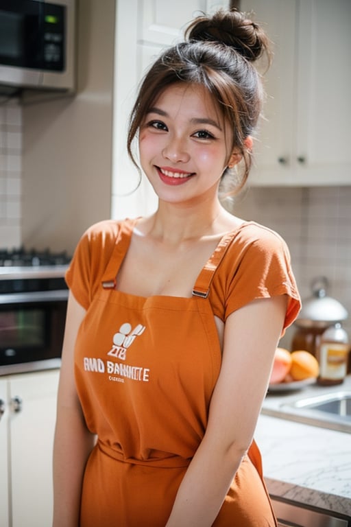 beautiful, 1girl,
(Brown hair:1.2), hair tied up into a bun
smile, orange T-shirt under white apron, hk_girl, holding a big delicious meal dish with both hands, kitchen background, wife, waifu,blurred background