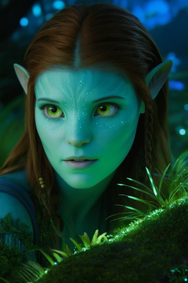 Create a hyper realistic photo of young Kate Mara as Navi Avatar BREAK cinematic lights, detailed eyes, detailed face, detailed hands BREAK Glowing Plants, glowing leaves of trees, at night, green grass, different plants bushes and trees in the background, avatar style