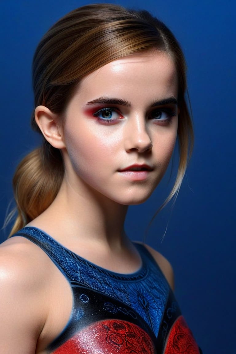 Craft a hyper realistic vertical full body photo of the most attractive stunning young girl (Naked Emma Watson at the age of 16), intricate red, blue and black body, perfectly detailed eyes, make-up, intricate beauty, sparkling, reflections, (translucent), sporty, simple background, dim light, volumetric lighting, hyper realistic, blurry foreground, blurry background, (bloodborne:1.1), uniformsbodypaint