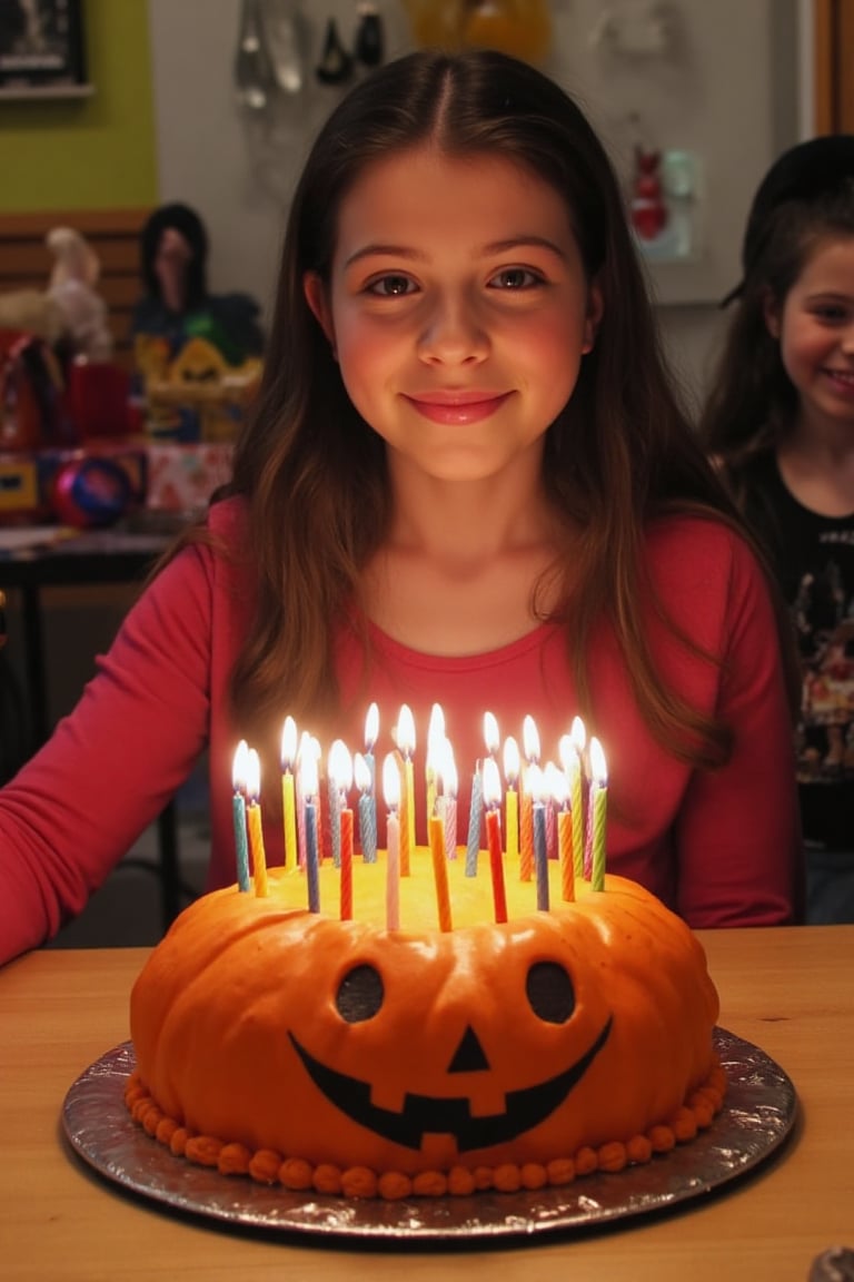 Michelle Trachtenberg, a young girl, is sitting in front of a birthday cake in the shape of a Halloween pumpkin. Since she is turning 16, there are 16 candles burning on it and she is preparing to blow out those candles. The room is decorated for her birthday and in the background her presents can be seen on a table. A few other children her age are standing around her watching her blow out the candles.