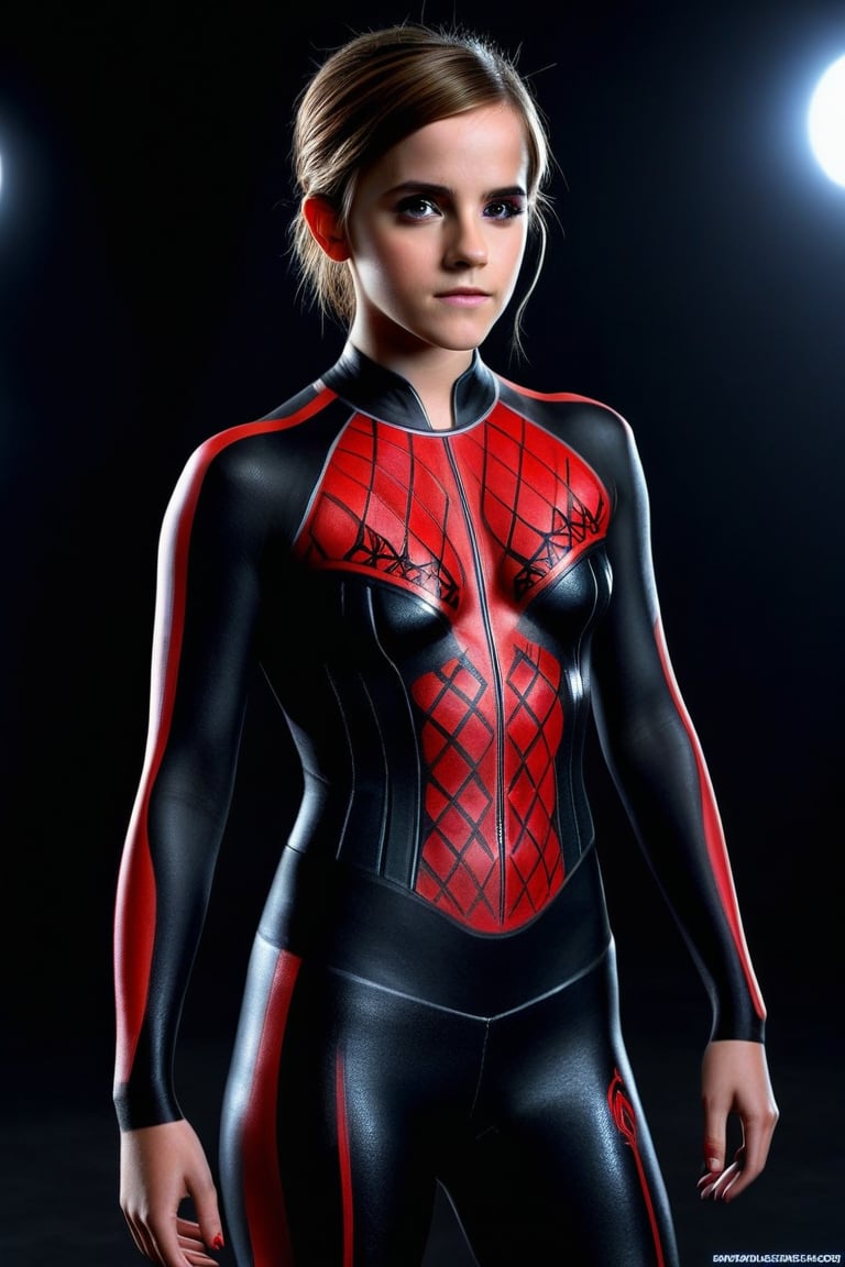 Craft a hyper realistic vertical full body photo of the most attractive stunning young girl (Emma Watson at the age of 16), intricate black and red detailed uniformsbodypaint, perfectly detailed eyes, make-up, intricate beauty, sparkling, reflections, (translucent), sporty, simple background, dim light, volumetric lighting, hyper realistic, blurry foreground, blurry background, (bloodborne:1.1),