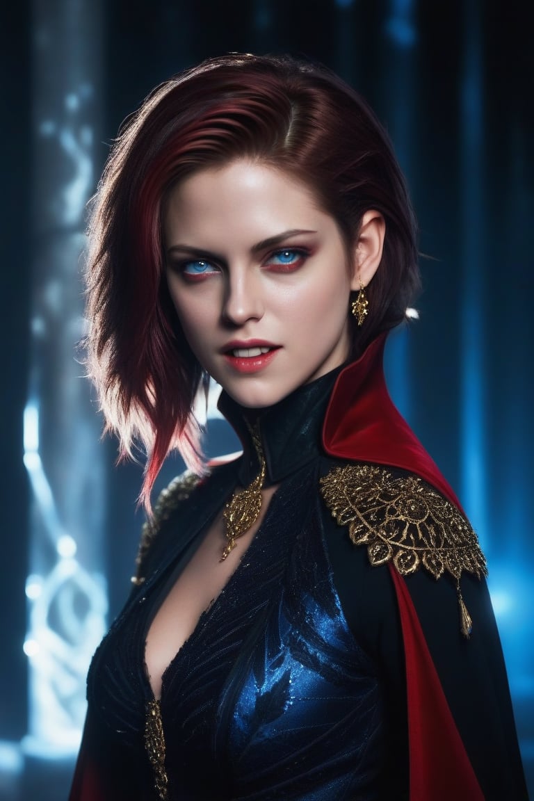 ((Hip shot)), create a hyperrealistic vertical photo of the most attractive girl as vampire queen made of transparent crystal glass with neon light (Kristen Stewart), beautiful red eyes, long bloody vampire fangs, mystic black dress, red cape, detailed golden ornaments, intricate ornaments, glowing seams, body made of glass, intricate beauty, bioluminescence, blue veins, highly detailed eyes, sparkling, reflections, (translucent), elegant, simple background, dim light, volumetric lighting, hyperrealistic, blurred foreground, blurred background, (bloodborne:1.1), posing for the camera,