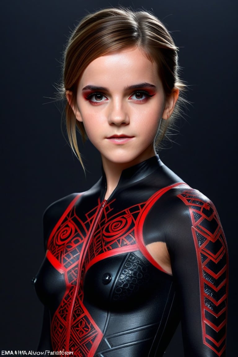 Craft a hyper realistic vertical full body photo of the most attractive stunning young girl (Emma Watson at the age of 16), intricate black and red detailed uniformsbodypaint, perfectly detailed eyes, make-up, intricate beauty, sparkling, reflections, (translucent), sporty, simple background, dim light, volumetric lighting, hyper realistic, blurry foreground, blurry background, (bloodborne:1.1),