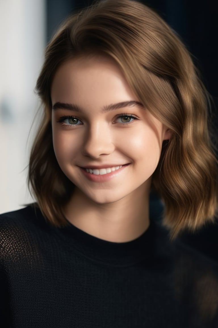 Create a hyper-realistic full-body photo of Emma Myers at the age of 16, brown hair, smile, looking at the viewer, 
cinematic dim lights, detailed eyes, detailed face, blurry background