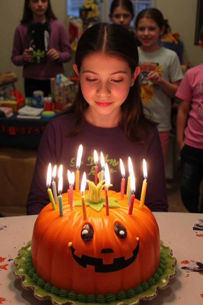 Michelle Trachtenberg, a young girl, is sitting in front of a birthday cake in the shape of a Halloween pumpkin. Since she is turning 16, there are 16 candles burning on it and she is preparing to blow out those candles. The room is decorated for her birthday and in the background her presents can be seen on a table. A few other children her age are standing around her watching her blow out the candles.