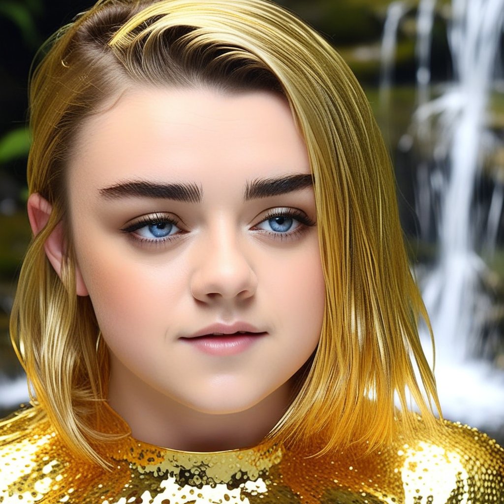 Maisie Williams, a radiant 14-year-old, stands directly in the middle of a mesmerizing waterfall of liquid gold. Her body is positioned in the middle of the waterfall of liquid gold, parting the cascading gold that cascades down her petite frame. The liquid gold clings to her tanned skin and glitters like little jewels on her cheeks, nose and shoulders, as if filled with an unearthly essence. Her brilliant blue eyes sparkle with wonder, shining like a beacon amidst the veil of mist that surrounds her.