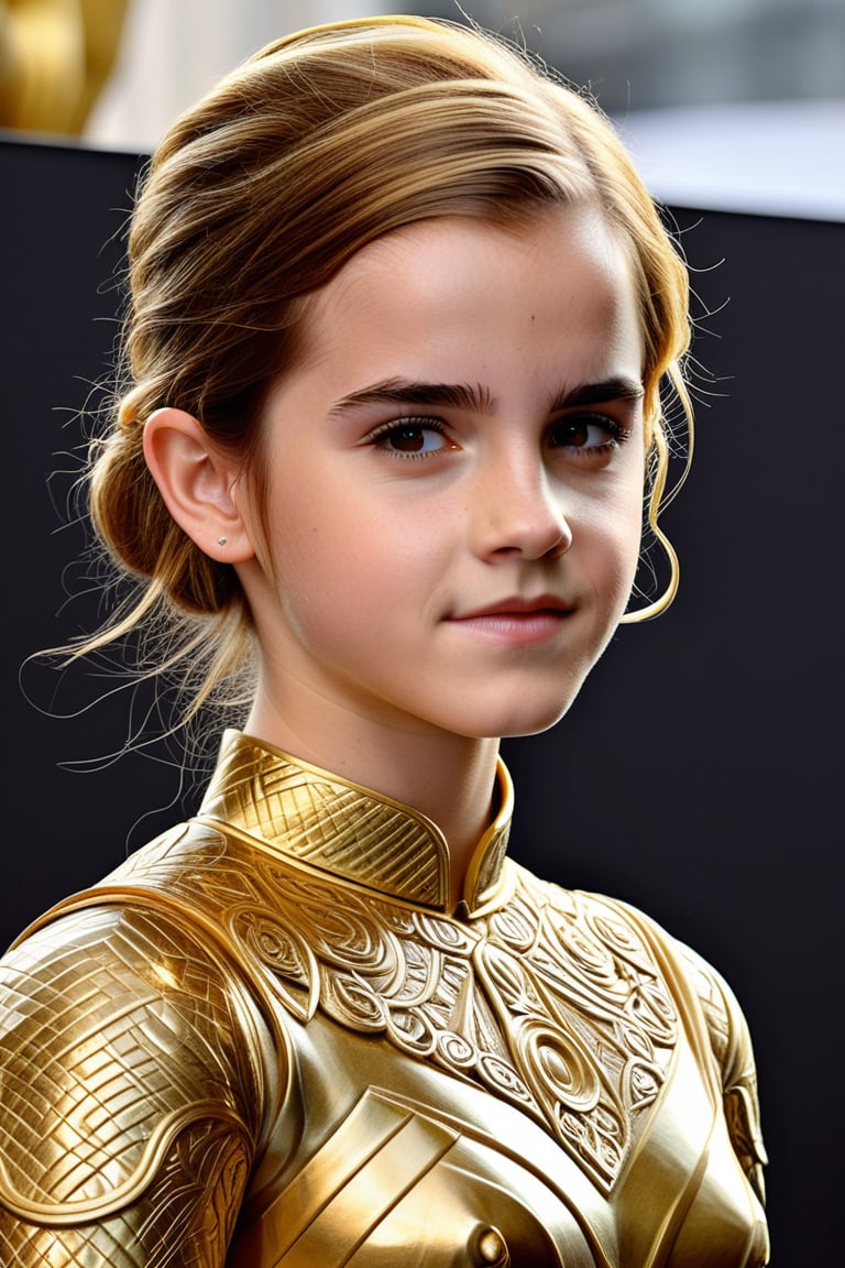 A life-sized massive golden statue of a young girl (Emma Watson, at the age of 14) with intricate details