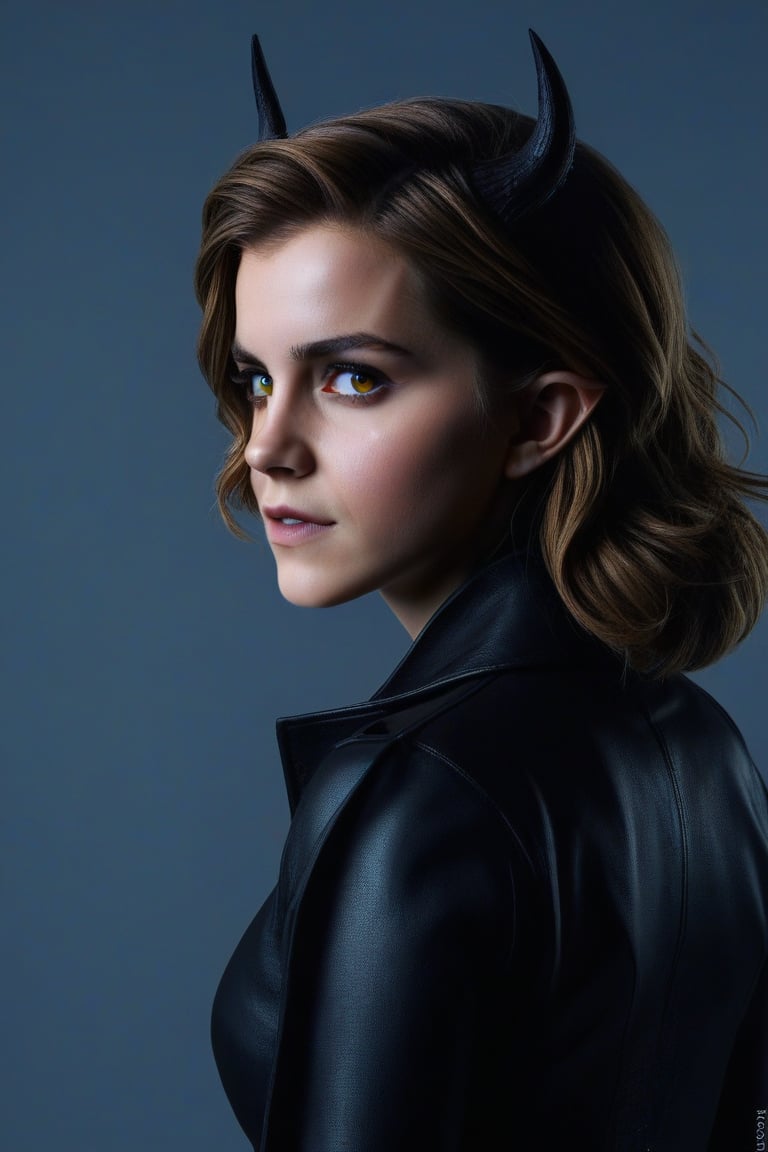 Emma Watson at the age of 14. Demon Girl style, dark, mysterious, demonic creature, glowing eyes, full body image, realistic, cinematic photo,