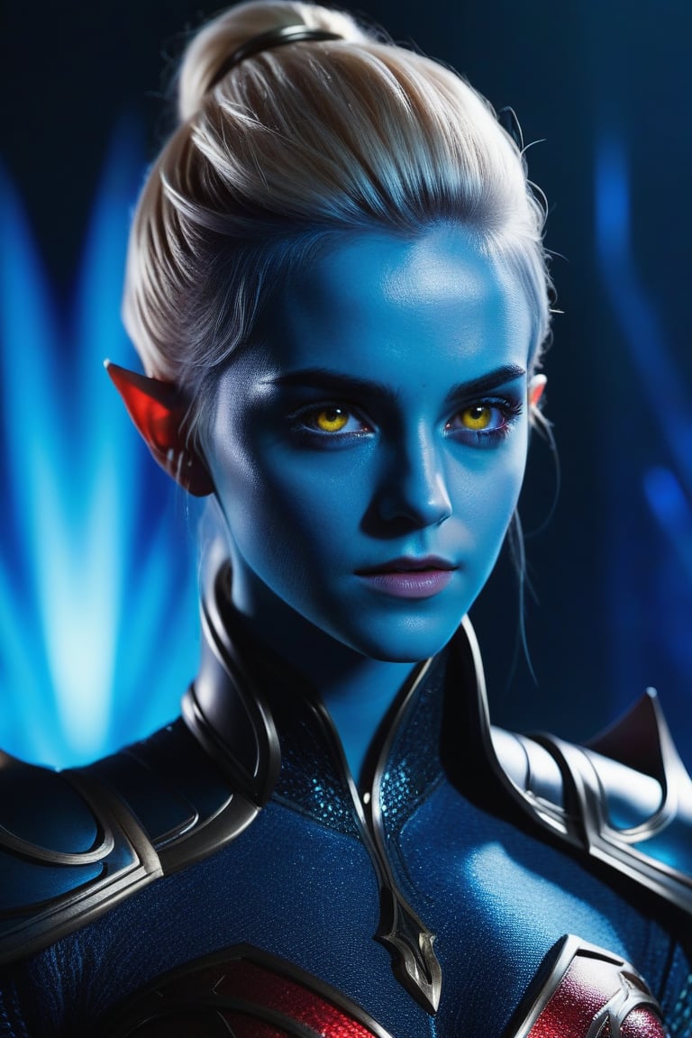 ((Hip shot)), create a hyperrealistic vertical photo of the most attractive alien girl creature (resembles Emma Watson at the age of 14) with azure blue skin standing within neon light, beautiful yellow eyes, pointing ears, platinum blonde hair, dangerous realistic alien, mystic realistic alien, detailed face, detailed red armor, glowing red armor, body made of scarlet red glass, intricate beauty, bioluminescence, blue veins, highly detailed eyes, sparkling, reflections, (translucent), dangerous look, simple background, dim light, volumetric lighting, hyperrealistic, blurred foreground, blurred background, (bloodborne:1.1), posing for the camera, science fiction