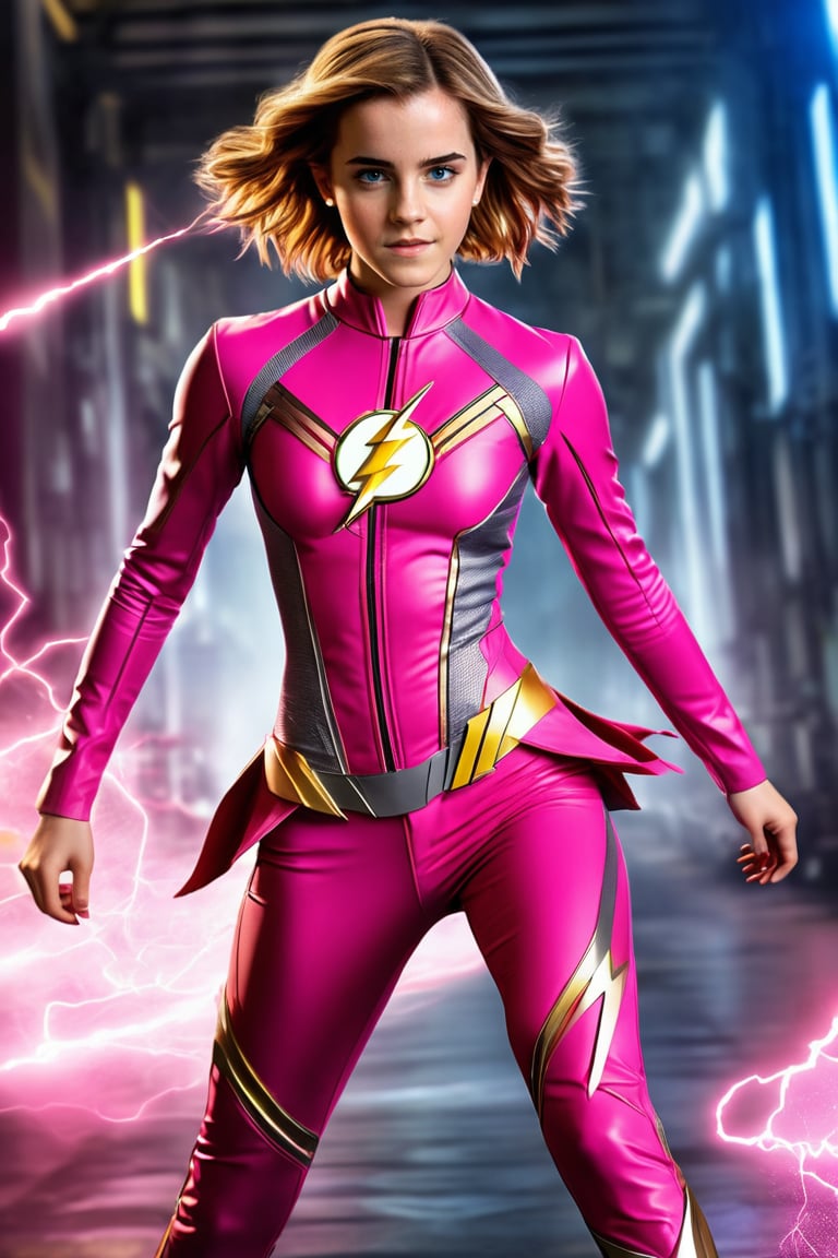 Create a hyperrealistic vertical full body photo of young Emma Watson, perfectly styled, dressed and made up as female version of The Flash ((pink)), perfectly detailed eyes, detailed face, fitting cosplay make-up, perfectly tight fitting cosplay outfit ((nanofiber)), dynamic lighting, blurry electrical background