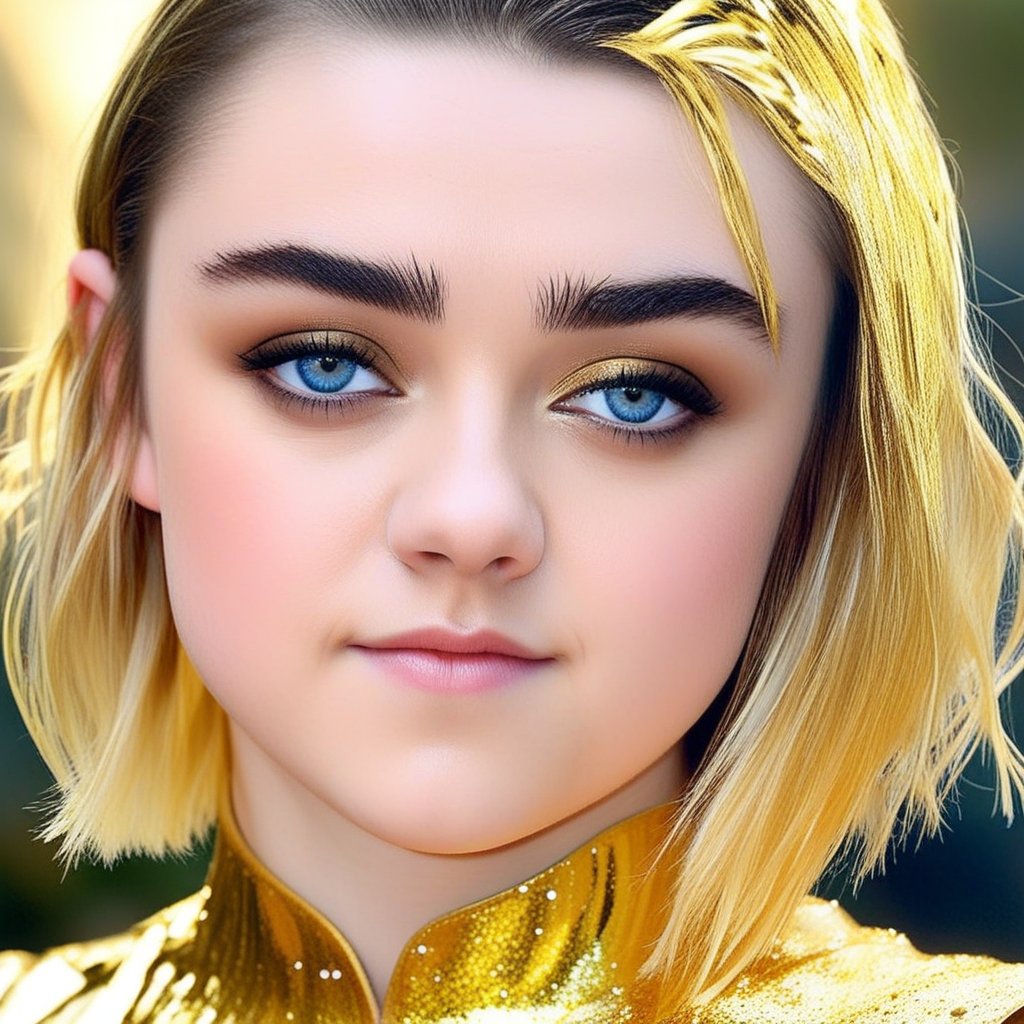 Maisie Williams, a radiant 14-year-old, stands directly in the middle of a mesmerizing waterfall of liquid gold. Her body is positioned in the middle of the waterfall of liquid gold, parting the cascading gold that cascades down her petite frame. The liquid gold clings to her tanned skin and glitters like little jewels on her cheeks, nose and shoulders, as if filled with an unearthly essence. Her brilliant blue eyes sparkle with wonder, shining like a beacon amidst the veil of mist that surrounds her.