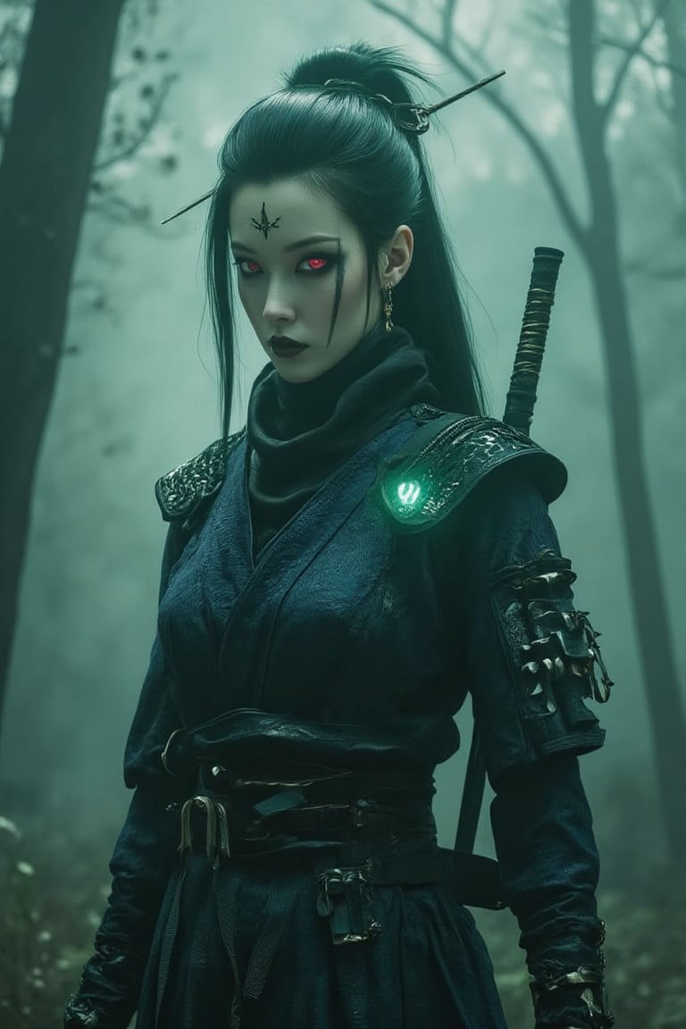 A beautiful sci fi ninja girl with long green hair in a ponytail, a mysterious gaze from her red eyes on a symmetric and beautiful face with thin eyebrows and sharp eyelashes, she has little shuriken earrings on her elegant ears, her skin is silky smooth and beautifully pale, she is in a high tech carbon ninja suit equipped with a big and a medium sized katana, little ninja knives and shuriken's on the high tech belt made of carbon alloy and carrying most of her gadgets, the ninja suit is made for maximum silence with an aerodynamic shape and it fits perfectly on the females body, the ninja girl is in a forest brightly lit by high lux moon rays, full body shot, hyper detailed, detailed textures, bright colors, dynamic lighting, HDR, 16k,Ghost,Spider spirit Fourth sister