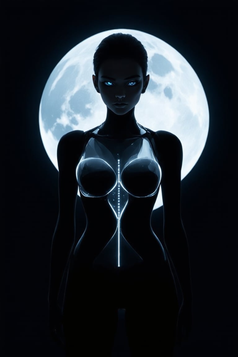 A female cyborg made of black carbon, only her face is human and of perfect symmetry with clear blue eyes, thin lips, sharp cheeks, elegant eyebrows, long eyelashes, and a sexy gaze, the rest of the body is made from top notch carbon material of a deep black color, the body resembles a female body but has many sharp design solutions, the limbs are hyper aerodynamic with sharp and yet practical design lines, the torso resembles a state of the art carbon female hourglass torso with some electronic implants with led light stripes, the cyborg carries a futuristic katana made from the best futuristic katana makers from Japan, the female cyborg is located in a ruined and devastated jungle full of spaceship parts and electronical waste at night, illuminated by the two full moons in the sky and their bright moon-rays, full body shot, hyper detailed, detailed textures, Octane render, dynamic lighting, magnificent shadowing, HDR, 16k