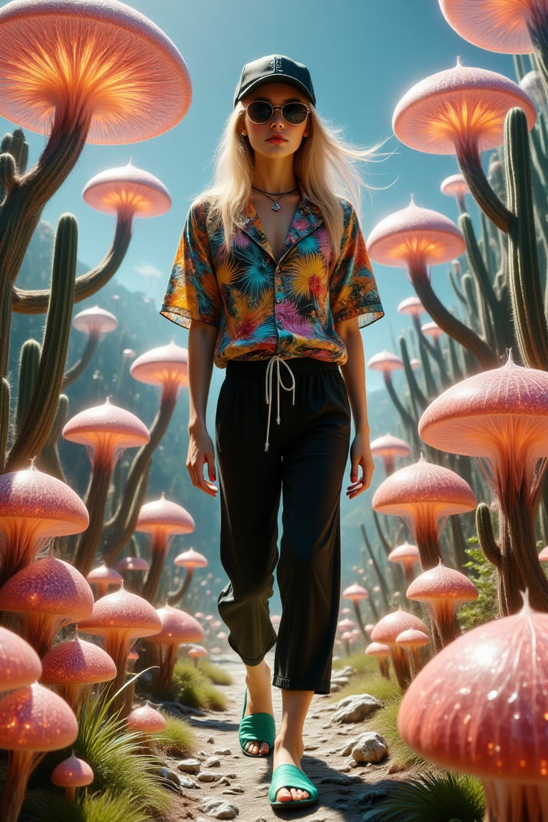 A handsome girl with a beautiful symmetric face, a pointy nose ,with futuristic metallic black sunglasses, wearing a colorful Hawaiian shirt, baggy short trousers made of pure black silk and vivid green flip flops on her feet, with shiny red nails and toenails, and a baseball cap on her long blonde hair, with DJ like earphones, walking in a magical landscape of huge arcane magic mushrooms and huge arcane cacti of various colors and shapes, a psychedelic vibe, hyper detailed, dynamic lighting, detailed textures, vivid colors, ultra detailed shadowing, HDR, 16k