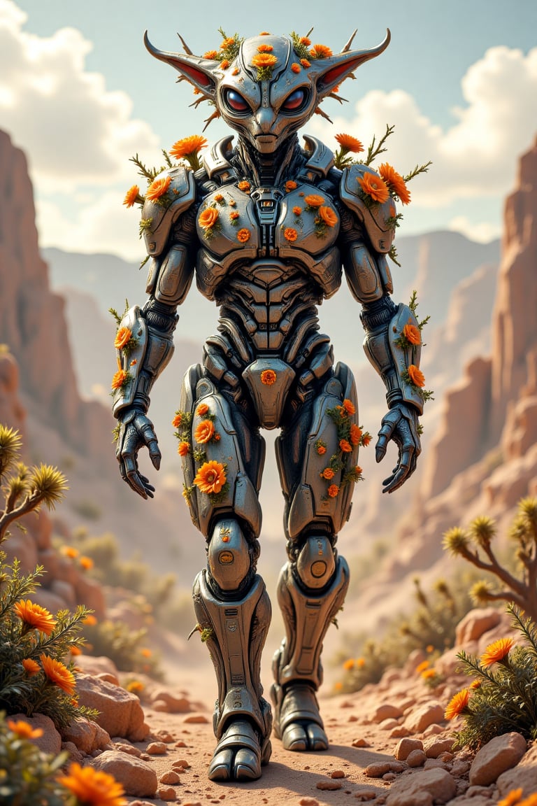 An alien that has floral composition in his DNA in an alien outfit made of high tech alloys that have organic matter in th...